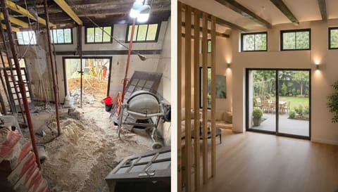 Maison de 1927 à Bois-d'Arcy : le chantier de reprise en sous-œuvre et le volume rénové, avant et après