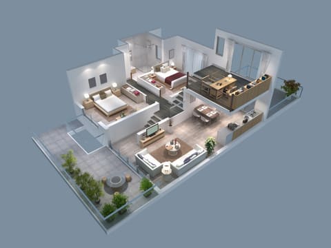 Plan 3D de l'appartement réaménagé : volumes ouverts, mobilier et circulations repensées
